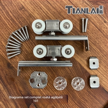 Set de roți din oțel inoxidabil pentru uși glisante, 4 roți, model 101, ax de 12 mm, rază a canelurii pentru frânghie 12 mm, sarcină maximă 80 kg