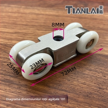 Set de roți din oțel inoxidabil pentru uși glisante, 4 roți, model 101, ax de 12 mm, rază a canelurii pentru frânghie 12 mm, sarcină maximă 80 kg
