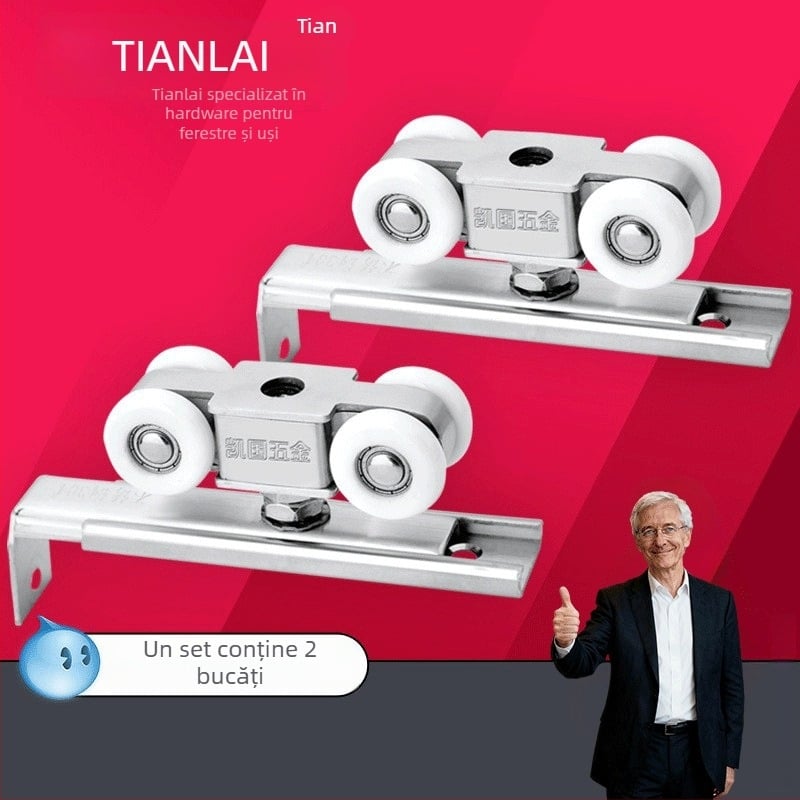 Set de roți din oțel inoxidabil pentru uși glisante, 4 roți, model 101, ax de 12 mm, rază a canelurii pentru frânghie 12 mm, sarcină maximă 80 kg