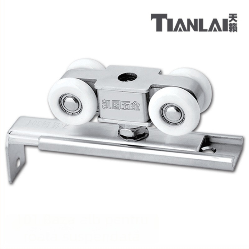 Set de roți din oțel inoxidabil pentru uși glisante, 4 roți, model 101, ax de 12 mm, rază a canelurii pentru frânghie 12 mm, sarcină maximă 80 kg