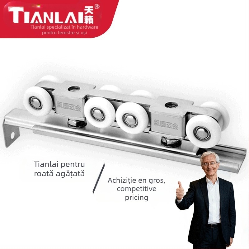 Set de roți din oțel inoxidabil pentru uși glisante, 4 roți, model 101, ax de 12 mm, rază a canelurii pentru frânghie 12 mm, sarcină maximă 80 kg