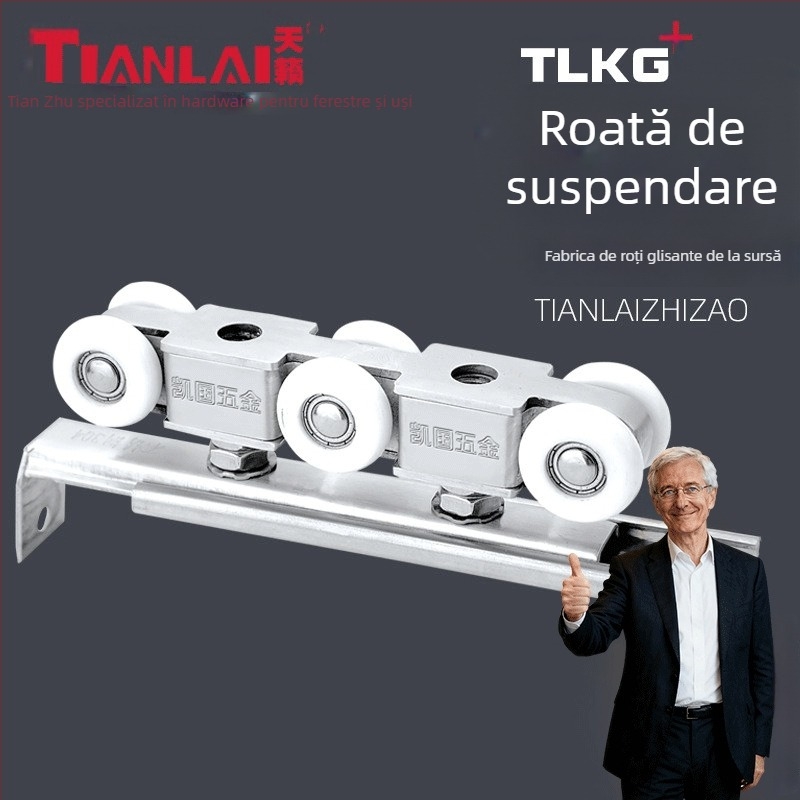 Set de roți din oțel inoxidabil pentru uși glisante, 4 roți, model 101, ax de 12 mm, rază a canelurii pentru frânghie 12 mm, sarcină maximă 80 kg