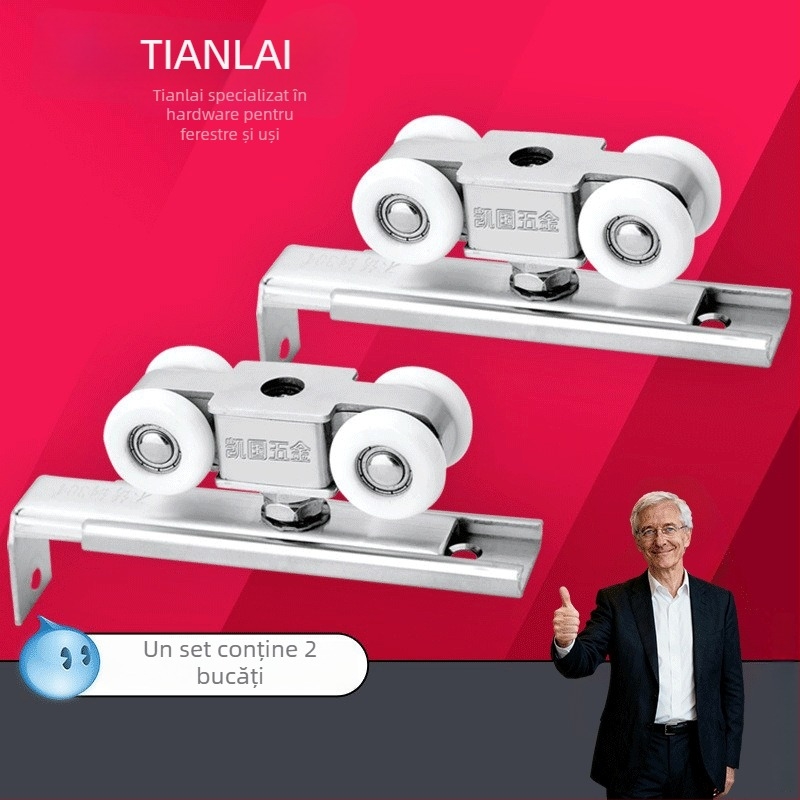 Set de roți din oțel inoxidabil pentru uși glisante, 4 roți, model 101, ax de 12 mm, rază a canelurii pentru frânghie 12 mm, sarcină maximă 80 kg