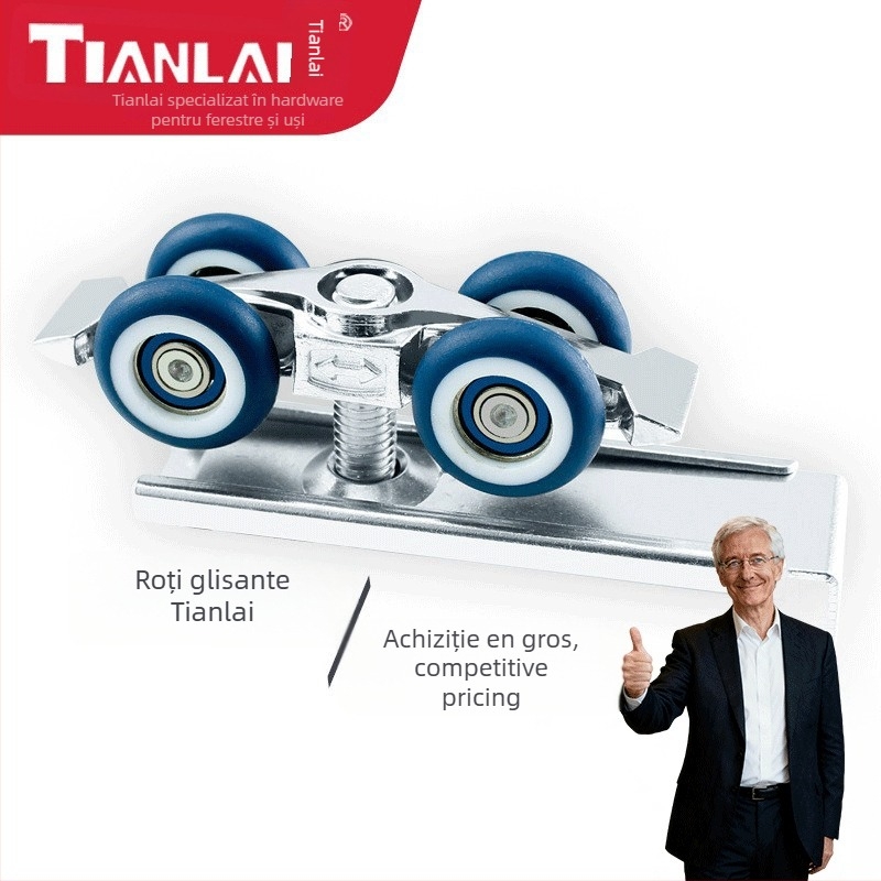 Set de roți din oțel inoxidabil pentru uși glisante, 4 roți, model 101, ax de 12 mm, rază a canelurii pentru frânghie 12 mm, sarcină maximă 80 kg