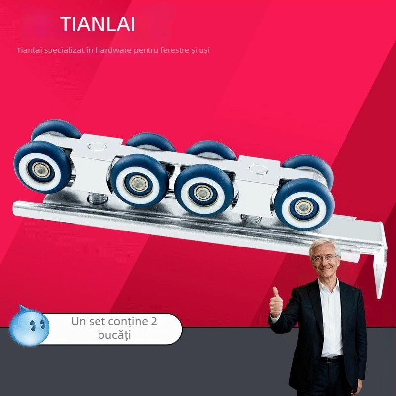 Set de roți din oțel inoxidabil pentru uși glisante, 4 roți, model 101, ax de 12 mm, rază a canelurii pentru frânghie 12 mm, sarcină maximă 80 kg