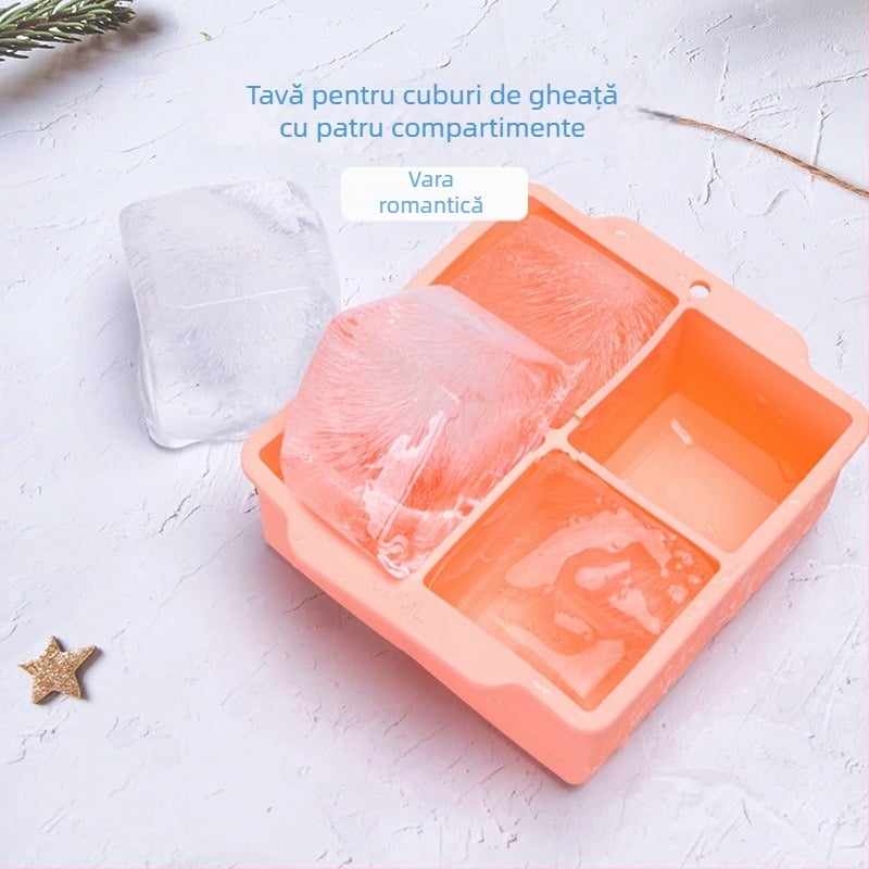 Formă de gheață din silicon, pătrate, 4 compartimente, cu capac – capacitate 100 ml, calitate alimentară, DIY personalizabil pentru gheață