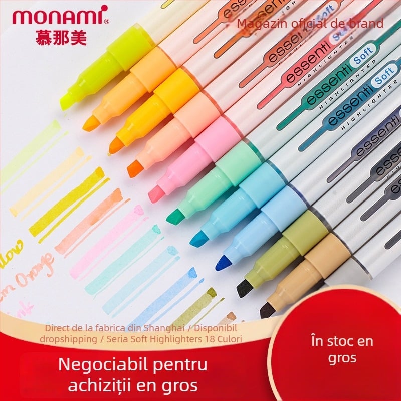 Marker de evidențiere Monami Munami, model 06017, corp din plastic, 18 culori, ambalat în cutie, cu un singur cap
