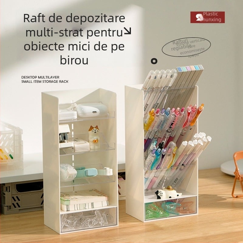 Organizator de birou din plastic PS cu compartimente/grilă și suport pentru pixuri, model 5027, pentru dormitor și birou de studiu