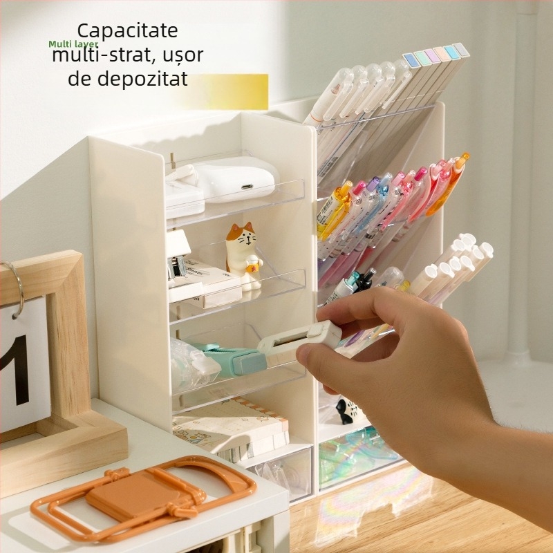 Organizator de birou din plastic PS cu compartimente/grilă și suport pentru pixuri, model 5027, pentru dormitor și birou de studiu