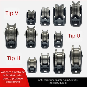Roată de colț pentru ușă glisantă — oțel greu, cu role în formă V/H/U și canelă ghidaj