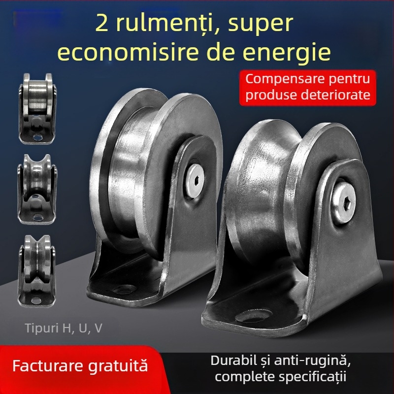 Roată de colț pentru ușă glisantă — oțel greu, cu role în formă V/H/U și canelă ghidaj