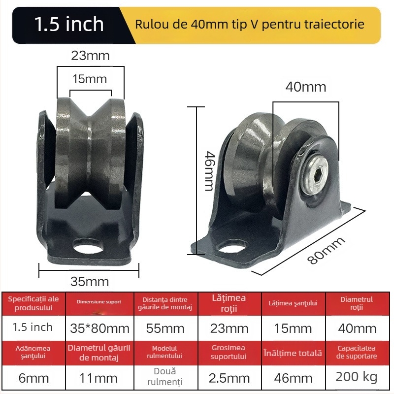 Roată de colț pentru ușă glisantă — oțel greu, cu role în formă V/H/U și canelă ghidaj
