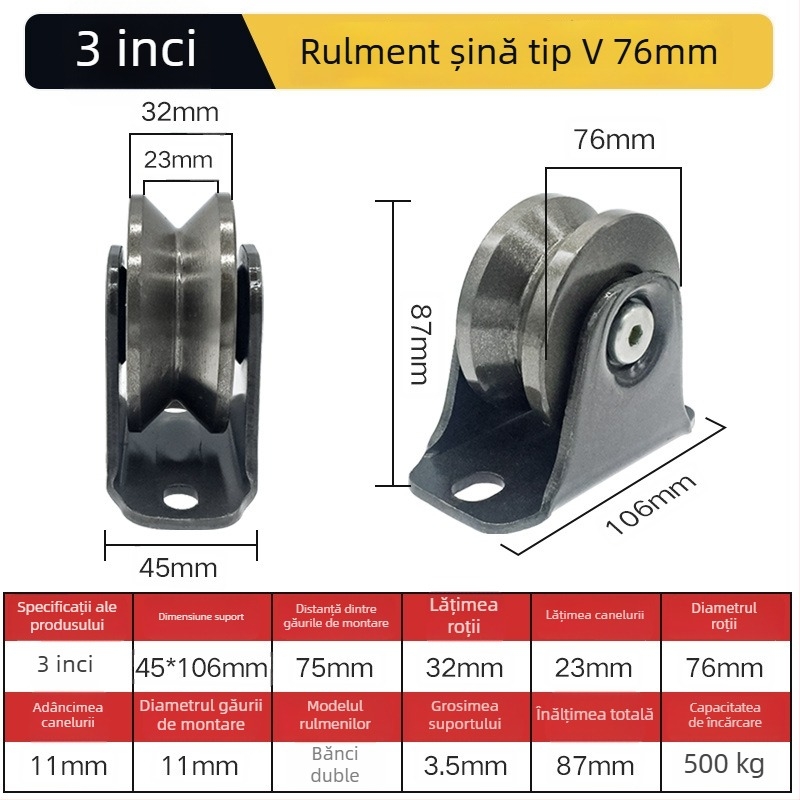Roată de colț pentru ușă glisantă — oțel greu, cu role în formă V/H/U și canelă ghidaj