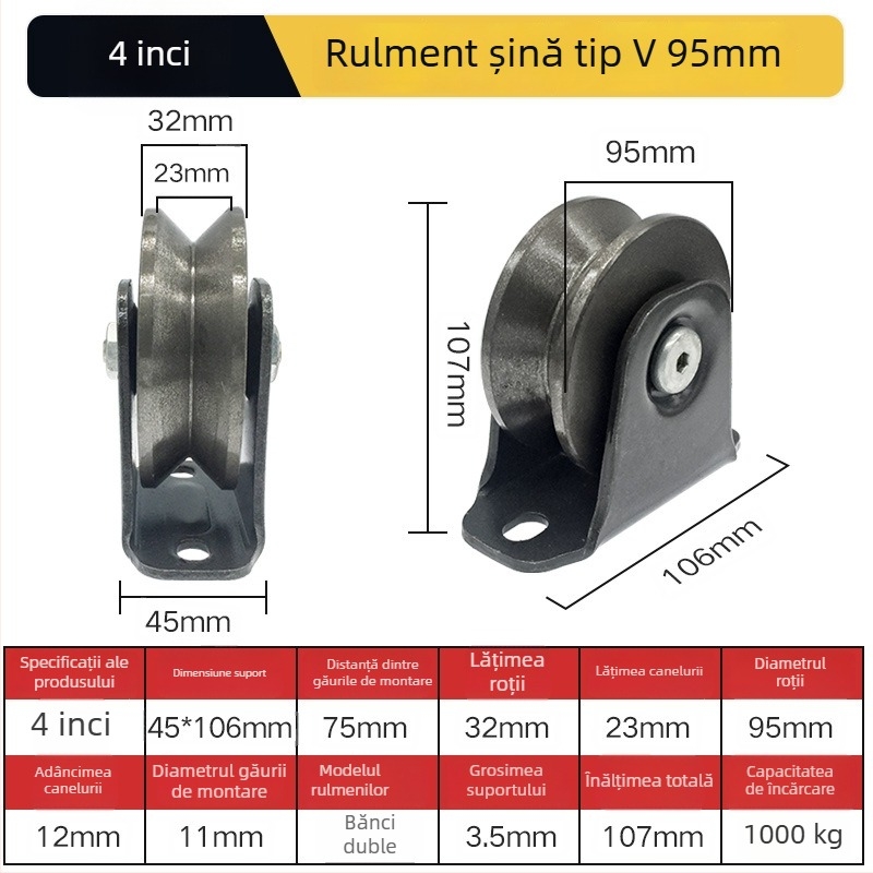 Roată de colț pentru ușă glisantă — oțel greu, cu role în formă V/H/U și canelă ghidaj