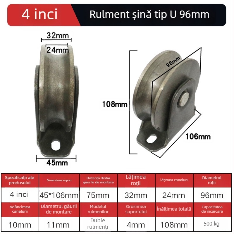 Roată de colț pentru ușă glisantă — oțel greu, cu role în formă V/H/U și canelă ghidaj