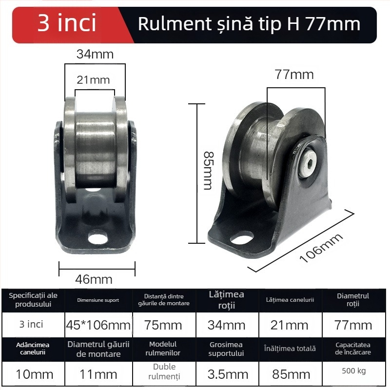 Roată de colț pentru ușă glisantă — oțel greu, cu role în formă V/H/U și canelă ghidaj