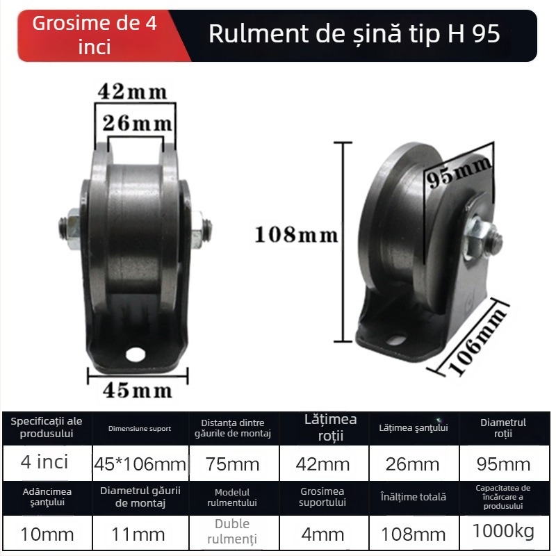 Roată de colț pentru ușă glisantă — oțel greu, cu role în formă V/H/U și canelă ghidaj