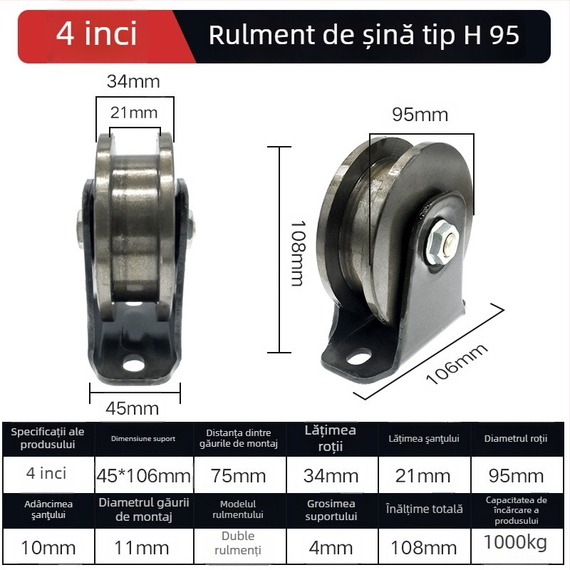 Roată de colț pentru ușă glisantă — oțel greu, cu role în formă V/H/U și canelă ghidaj