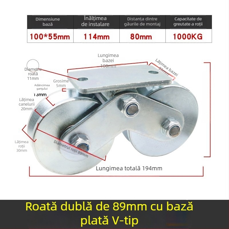 Roată de colț pentru ușă glisantă — oțel greu, cu role în formă V/H/U și canelă ghidaj