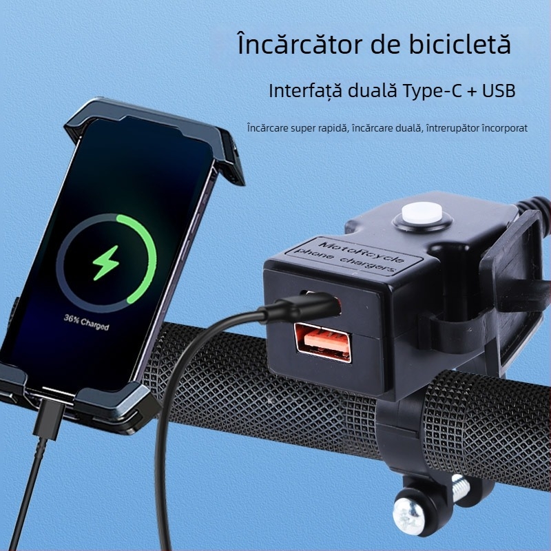 Încărcător pentru motocicletă cu două porturi USB, protocol de încărcare rapidă și întrerupător etanș