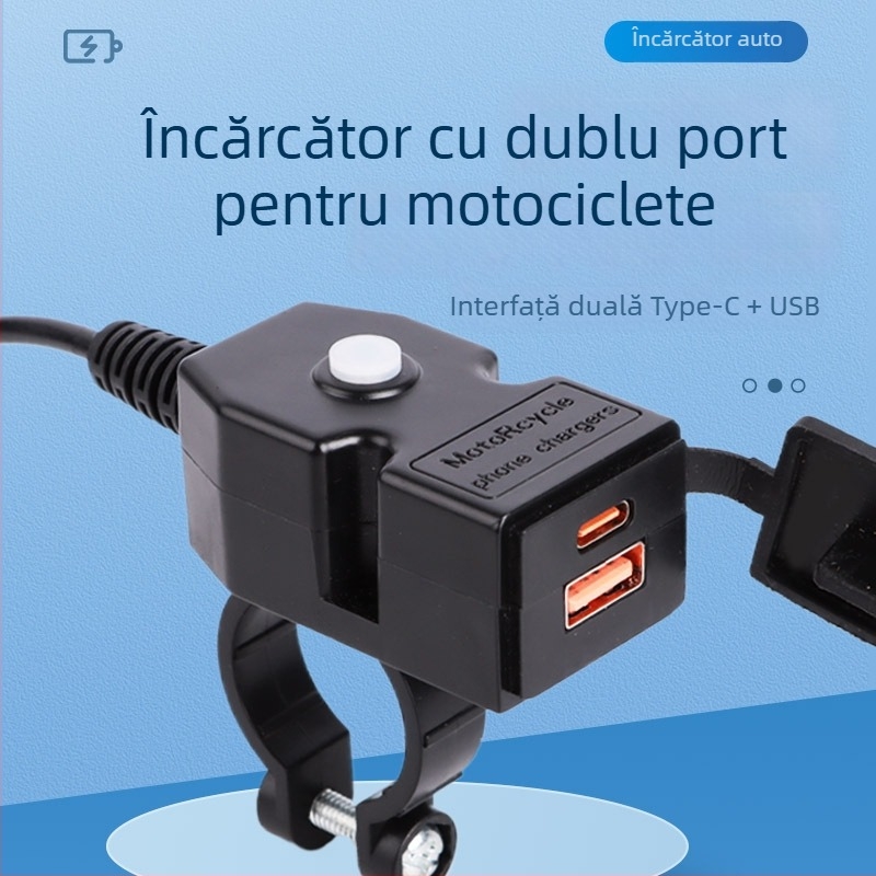 Încărcător pentru motocicletă cu două porturi USB, protocol de încărcare rapidă și întrerupător etanș