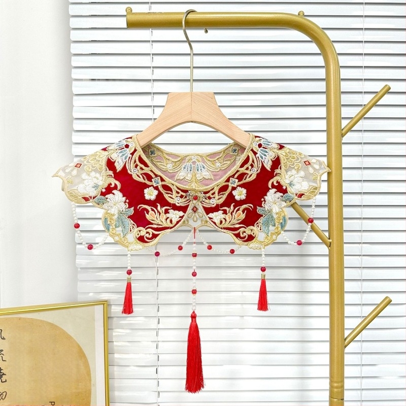 Floare pentru guler feminin cu funda și mărgele de perlă, tip cap plat, stil chinezesc nou, broderie computerizată