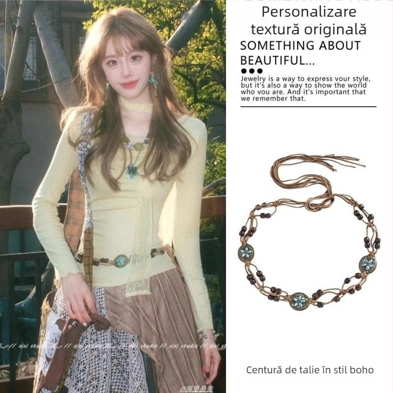 Lanț de talie împletit din sfoară, stil boho retro, curea decorativă pentru fustă, accesorii metalice pentru talie femei