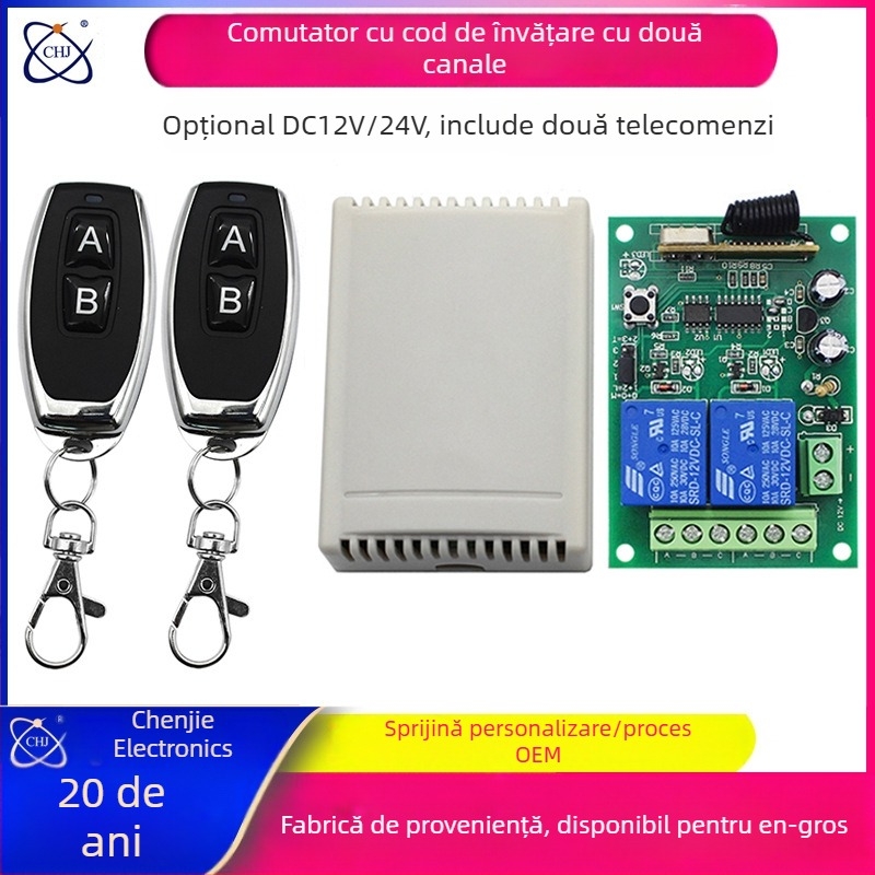 Comutator wireless dual-channel pentru sisteme 12V DC: control motor înainte/înapoi, supapă solenoid, iluminare și control poartă