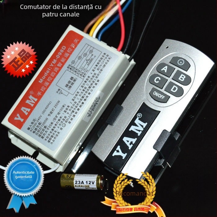 Comutator telecomandat, 4 căi, 5 segmente, 220V, wireless cu întârziere pentru lămpi