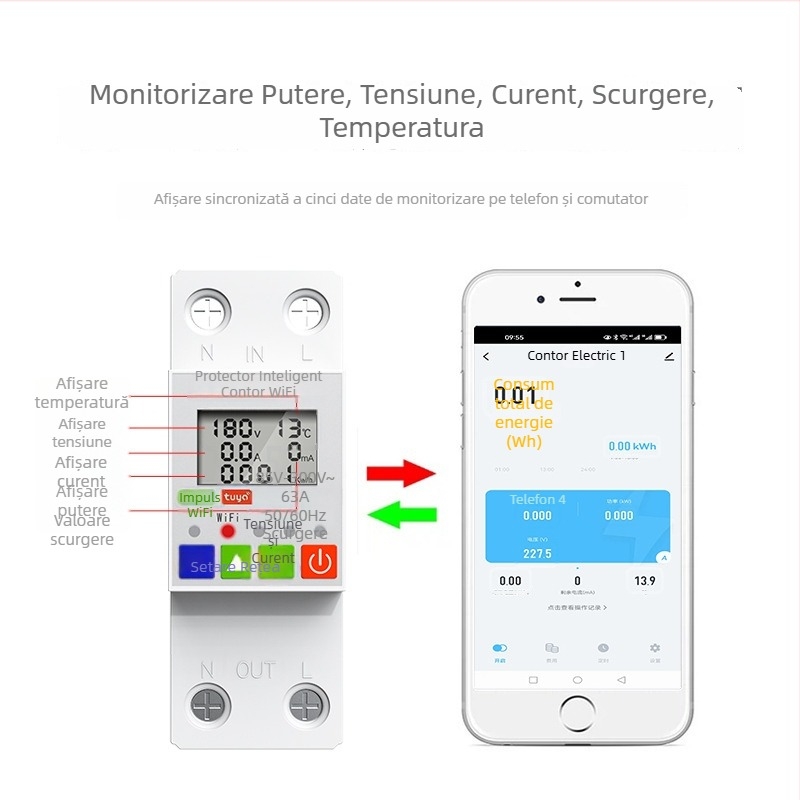 Intrerupător inteligent WiFi cu control de la distanță prin telefon, protecție la scurgeri și temporizator pentru contor casnic preplătit — tensiune 110–240 V; durată de viață 100.000 cicluri; carcasă PC ignifugă