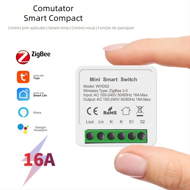 Comutator inteligent cu temporizator, Wi‑Fi și Zigbee, 1/2 canal, control de pe smartphone, 110–240 V, 16 A, viață 50.000 cicluri, distanța dintre găuri 20 mm