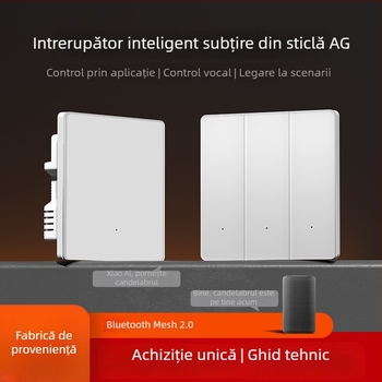 Panou inteligent întrerupător cu control vocal și control dual wireless, Bluetooth Mesh 2.0, control de la distanță prin aplicație mobilă | Tensiune: 110-240 V AC • Curent: 10 A • Distanța dintre găuri de montaj: 60 mm • Material panou: sticlă cu aspect ar