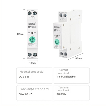 Intrerupător inteligent pentru circuite, cu monitorizare WiFi a consumului de energie, protecție la supratensiune și sub tensiune, control prin aplicație și temporizare