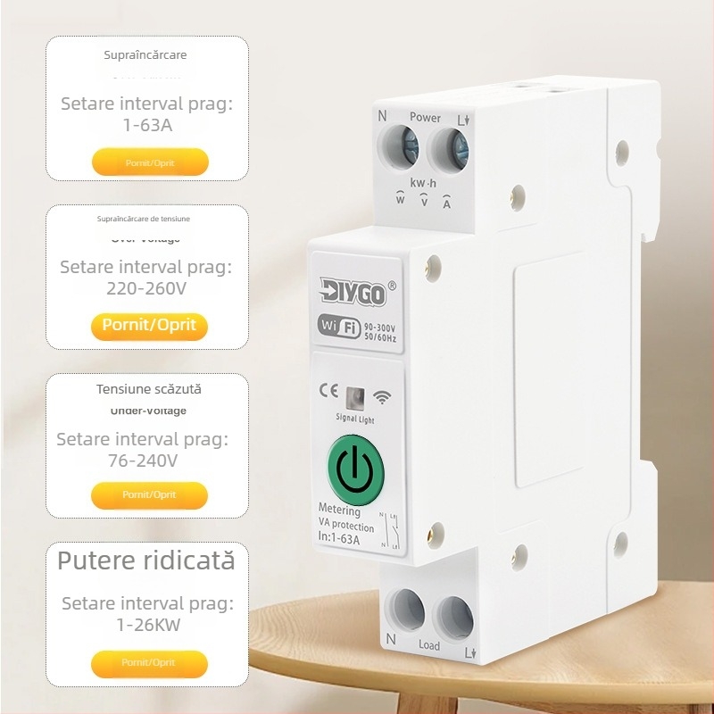 Intrerupător inteligent pentru circuite, cu monitorizare WiFi a consumului de energie, protecție la supratensiune și sub tensiune, control prin aplicație și temporizare