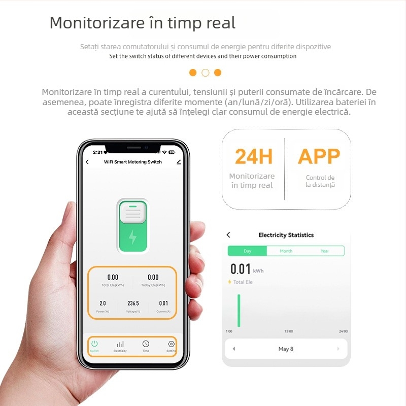 Intrerupător inteligent pentru circuite, cu monitorizare WiFi a consumului de energie, protecție la supratensiune și sub tensiune, control prin aplicație și temporizare