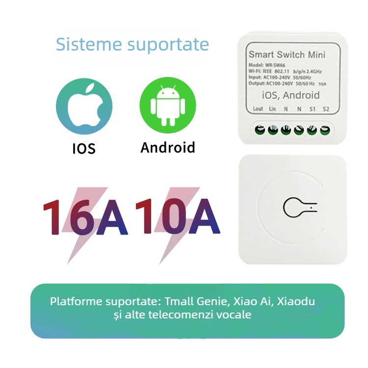 Comutator WiFi Inteligent 10A, 110-240V, Fără cablare, Control de la distanță wireless, Panou din PC ignifug