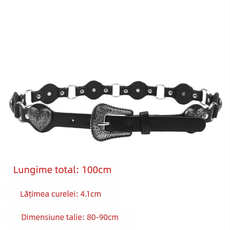 Centură pentru femei din PU cu decor inimă, cataramă din aliaj, închidere cu știft, tehnologie de îmbinare, stil versatil retro punk