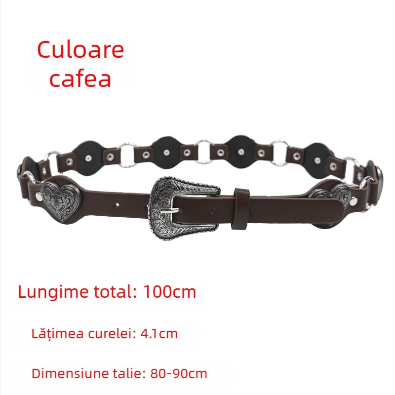 Centură pentru femei din PU cu decor inimă, cataramă din aliaj, închidere cu știft, tehnologie de îmbinare, stil versatil retro punk