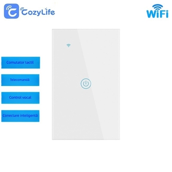 Comutator de perete WiFi inteligent - 110-240V, 10A, Panou din plastic + sticlă, RoHS și FCC certificat