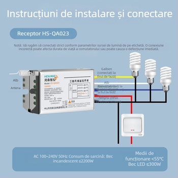 Comutator de control pentru iluminat, wireless, trei căi, fără cabluri, pentru LED, consum redus, întrerupător cu patru secțiuni