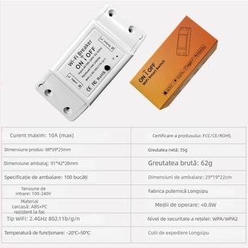 Modul retrofit WiFi Smart Switch, control prin aplicație și voce, 100-240V AC, 10A, panou PC ignifug, folie cupru fosfor bronz