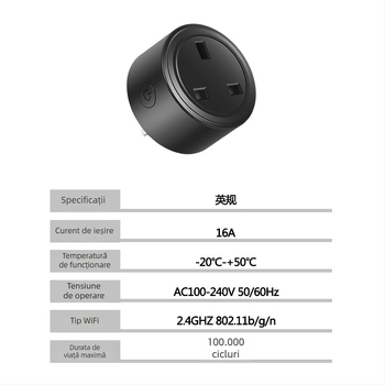 Priză WiFi inteligentă cu standard UK, control prin aplicație, 16A, 110-240V, 3500W, greutate 84 g