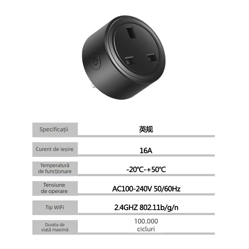 Priză WiFi inteligentă cu standard UK, control prin aplicație, 16A, 110-240V, 3500W, greutate 84 g