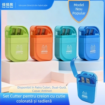 Set ascuțitor pentru creion cu două găuri, radieră anti-praf în patru culori, într-o cutie pătrată – Weird bear Wx-99751, plastic, manual
