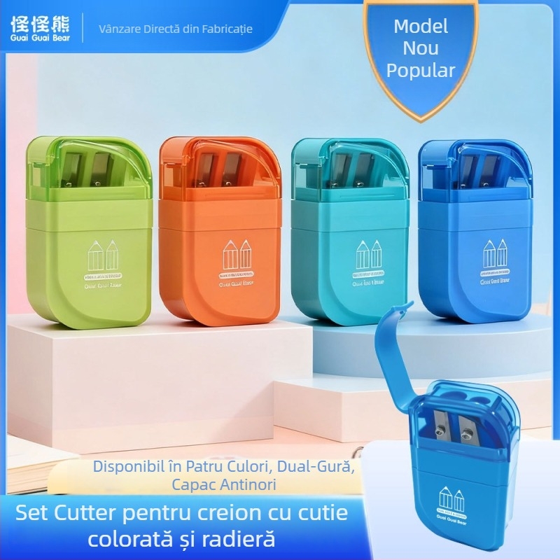 Set ascuțitor pentru creion cu două găuri, radieră anti-praf în patru culori, într-o cutie pătrată – Weird bear Wx-99751, plastic, manual