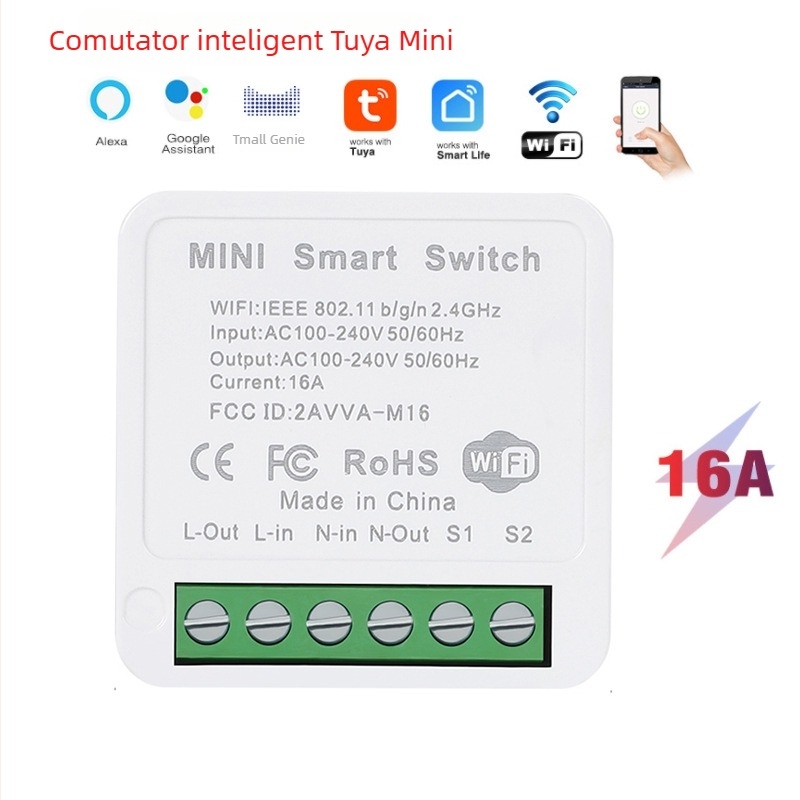 Tuya comutator inteligent DIY Wi‑Fi, mini încastrat, 16A, 100–240V, distanța găurilor de montaj 42 mm, certificat CE