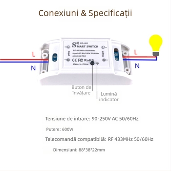 Comutator de iluminat fără fir, 433MHz RF, 220V, autoadeziv (433 MHz RF, 220V, fără fir, autoadeziv)