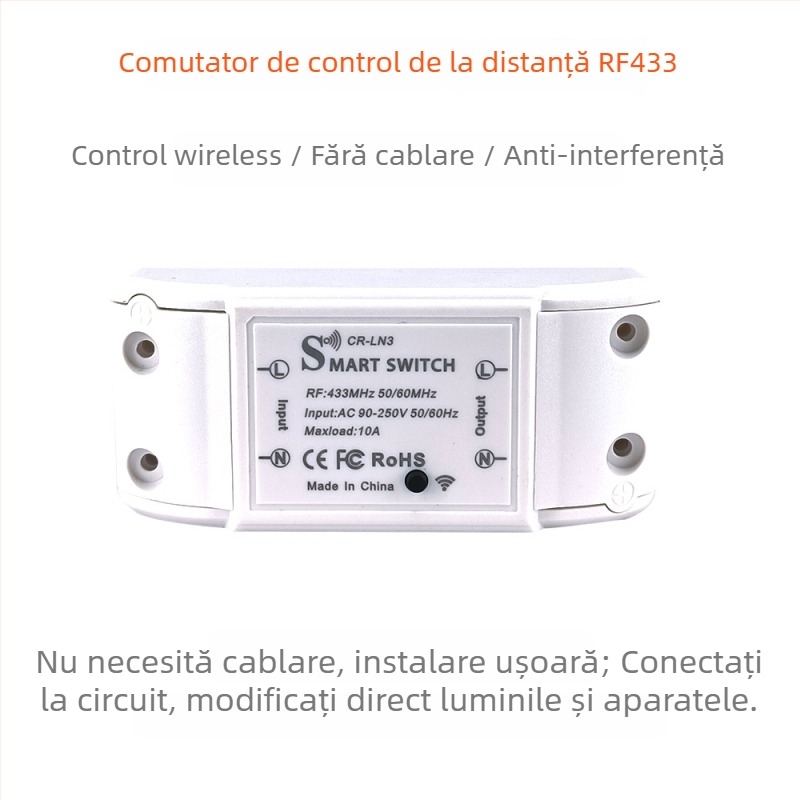 Comutator de iluminat fără fir, 433MHz RF, 220V, autoadeziv (433 MHz RF, 220V, fără fir, autoadeziv)