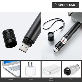 Stilou indicator laser, încărcare USB, corp din aliaj de aluminiu, ieșire 50 mW, funcționare la 3,7 V, pentru exterior