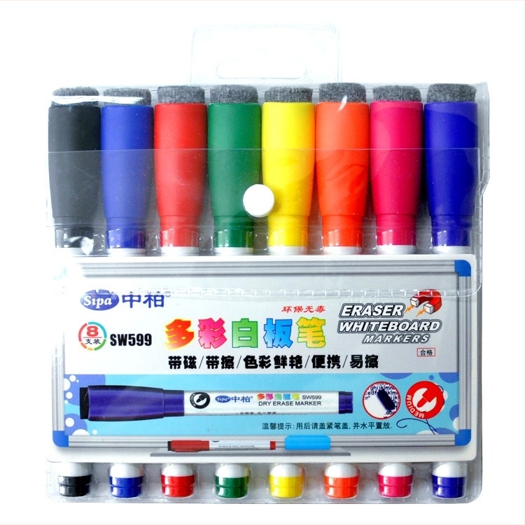 Marker pentru tablă albă SW599 cu radieră, set de 8 culori, carcasă din plastic, lățime linie 1.5-2.0 mm, Sipa/Zhongbai